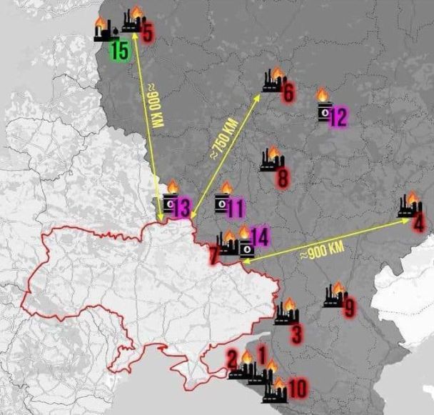 Видання "ЕнергоБізнес" опублікувало мапу уражених НПЗ на території Росії.