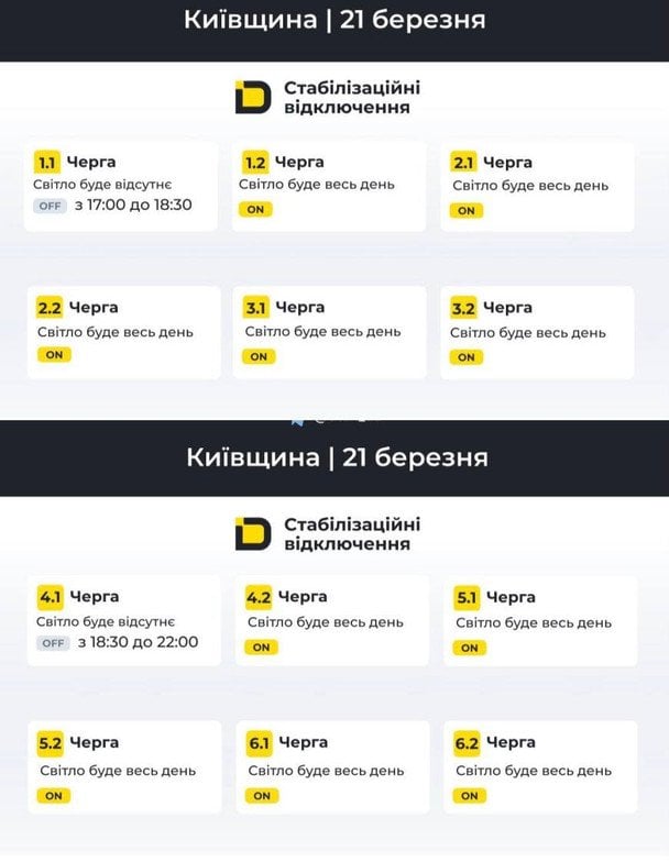 Графік відключення світла на Київщині 21 березня