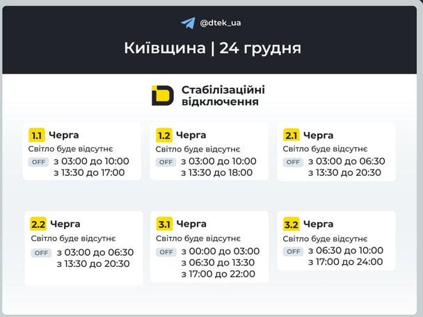 Графік відключення світла на Київщині 24 грудня / © ДТЕК