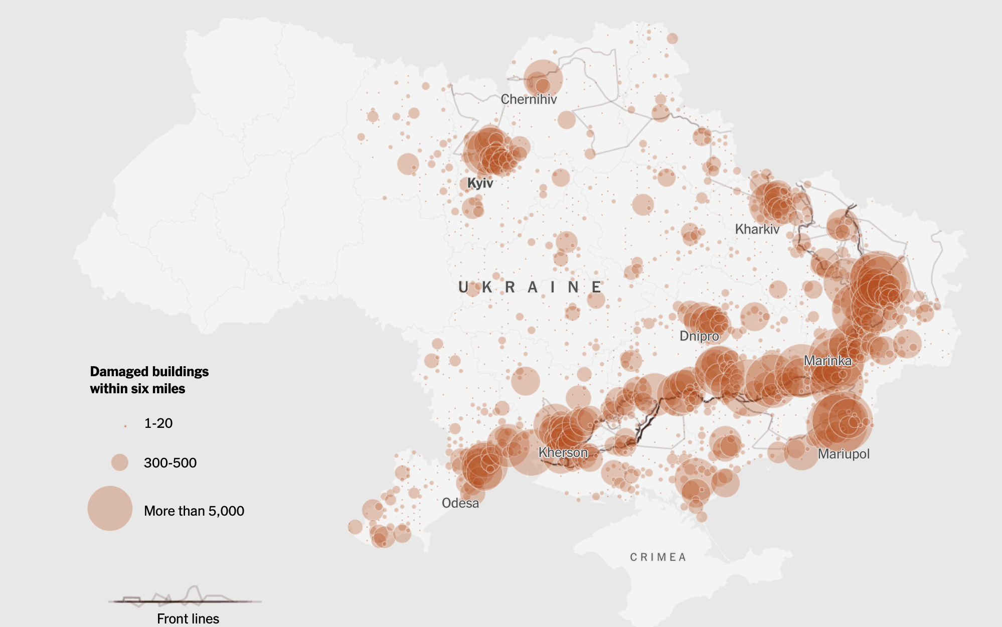 Пошкоджені внаслідок війни будівлі в Україні / Мапа: NYT / © 