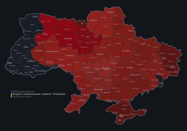 Мапа тривог станом на ранок 20 січня.
