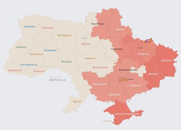Карта повітряних тривог станом на 22:35