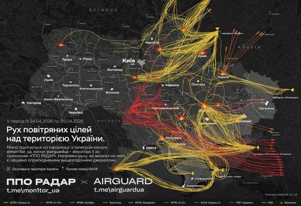 Рух російських ракет і дронів цієї доби. Зображення t.me/mon1tor_ua