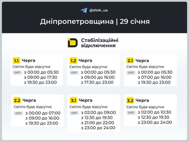 График отключения света на Днепропетровщине 29 января / © ДТЕК