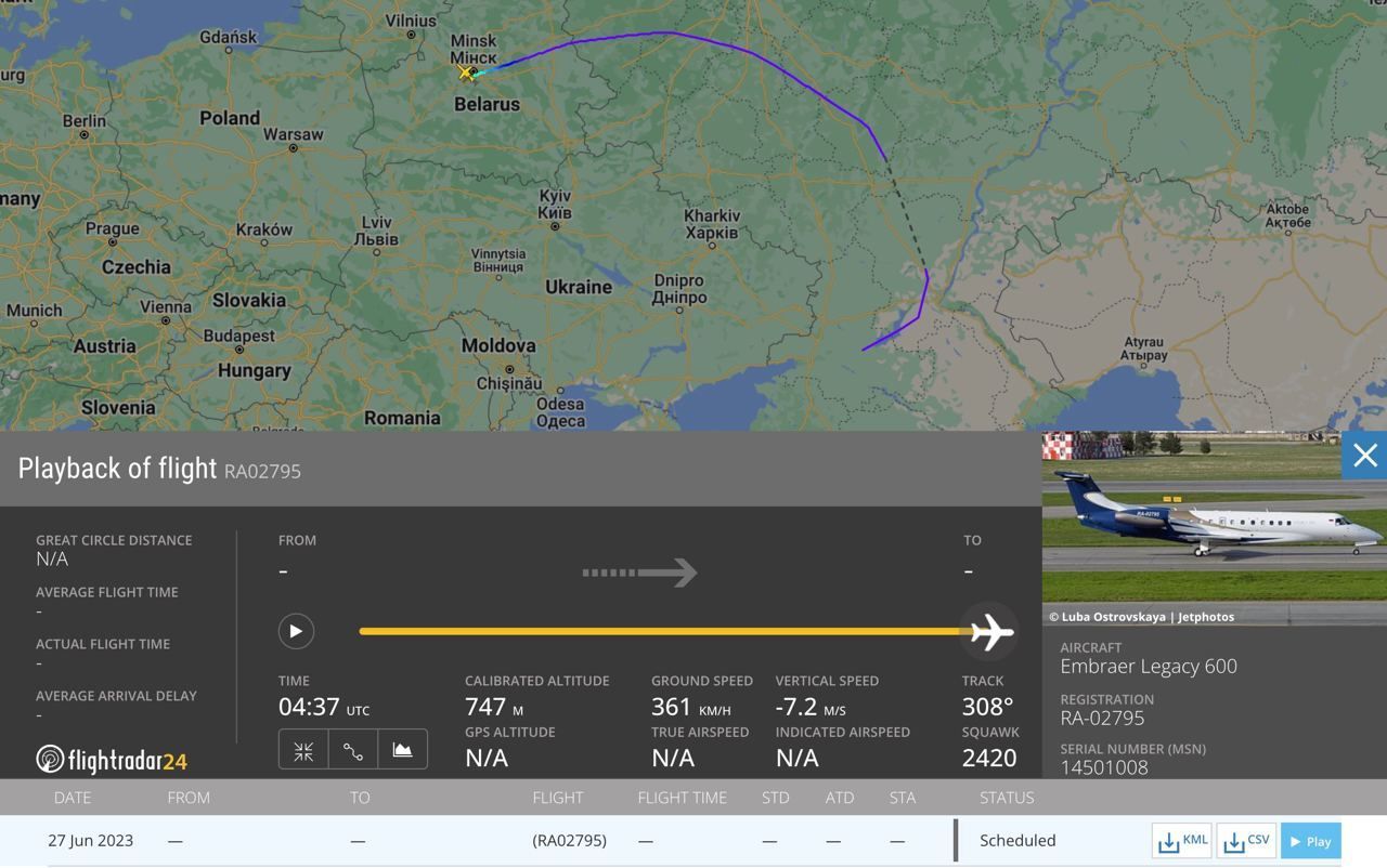 Літак Пригожина приземлився у Білорусі. ФОТО: скрин / ©