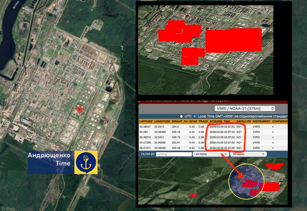 Станом на ранок 26 березня на мапі FIRMS NASA зафіксовані чисельні очаги горіння / © Андрющенко Time - канал радника міського голови Маріуполя