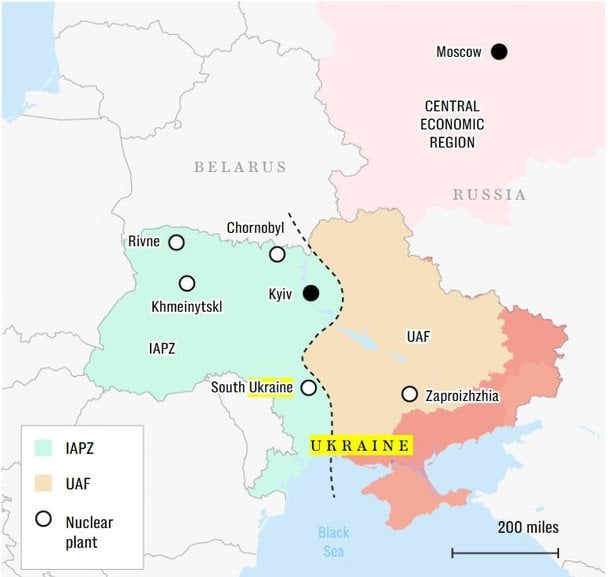 Світло зеленим кольором замальовано територію, яку мають прикривати західні сили ППО. Зауважимо, що на карті Рівне і Хмельницький — не міста, а Рівненська АЕС (розташована у Вараші) та Хмельницька АЕС (розташована у Нетішині) / © The Telegraph
