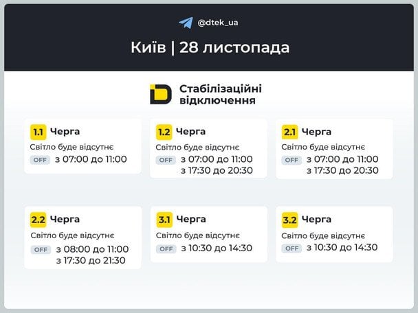 Графік відключення світла у столиці 28 листопада / © ДТЕК