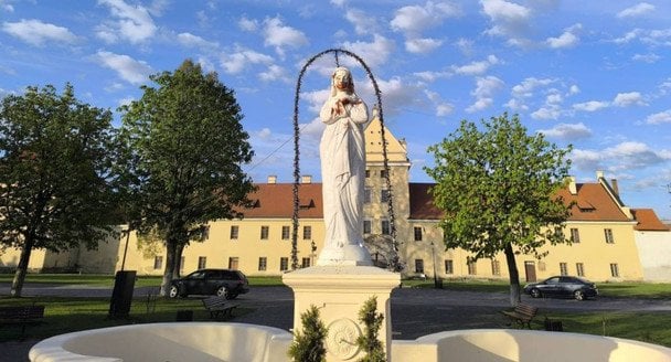 Забруднена фігура Матері Божої у Жовкві / © із соцмереж