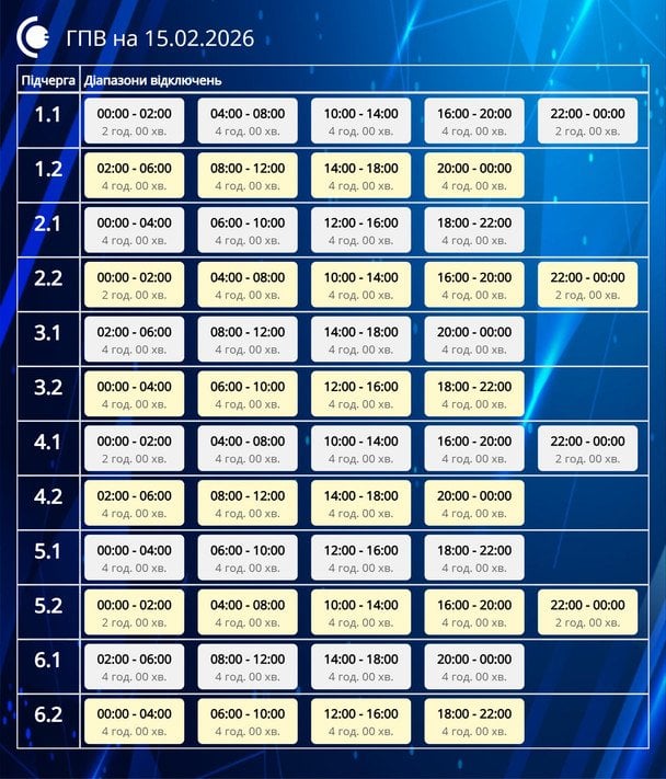 Графік відключення світла на Сумщині 15 лютого