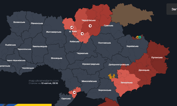 Мапа тривог станом на 09:15 п’ятниці, 10 квітня. 