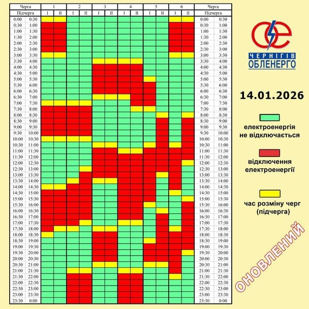 График отключения света в Черниговской области 14 января