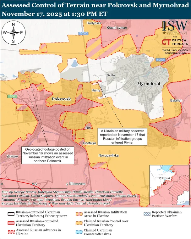 Ситуація в Покровську і Мирнограді. Мапа ISW.