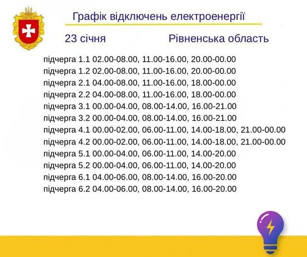 График отключения света на Ровенщине 23 января