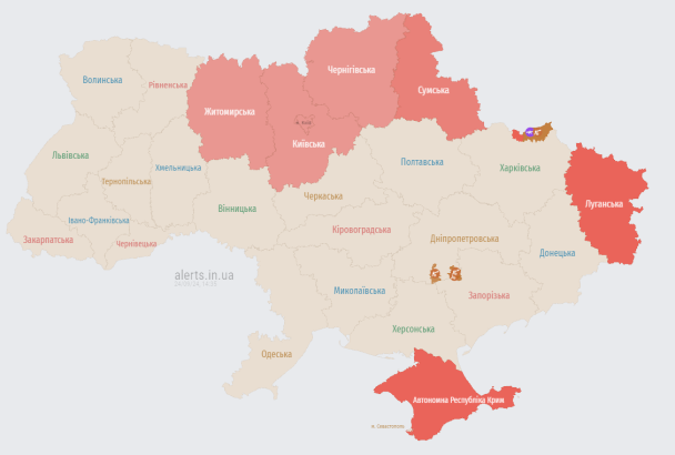 Карта тревог по состоянию на 24 сентября 14:35 / © alerts.in.ua