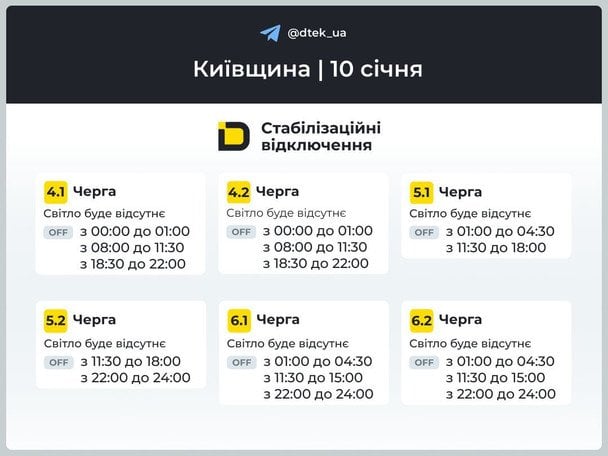 Графік відключення світла на Київщині 10 січня / © ДТЕК