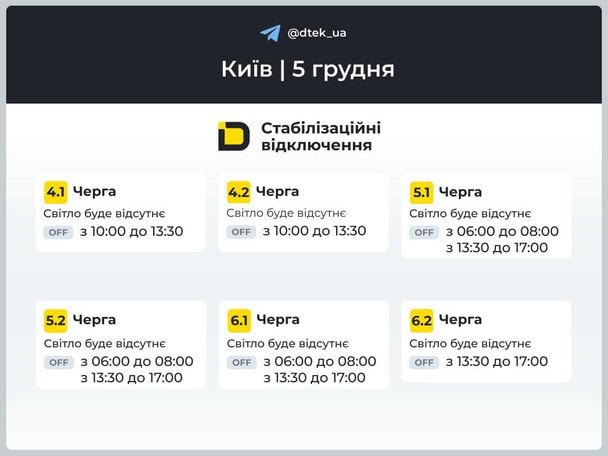 Графік відключення світла у столиці 5 грудня / © ДТЕК