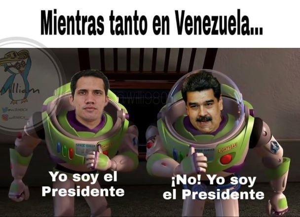 Фотожаба, популярная в Facebook среди венесуэльцев, с надписями: 

"А тем временем в Венесуэле... 

Я президент! 

Нет, я президент!"
