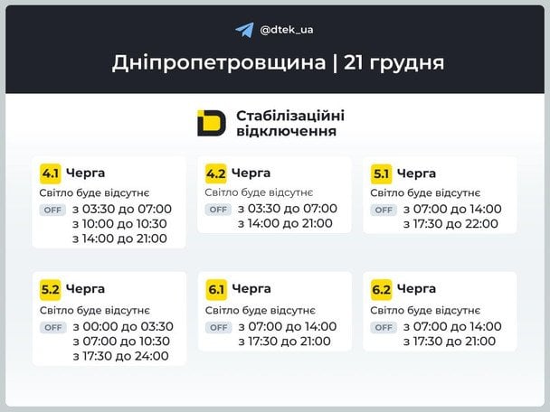 Графік відключення світла на Дніпропетровщині 21 грудня / © ДТЕК