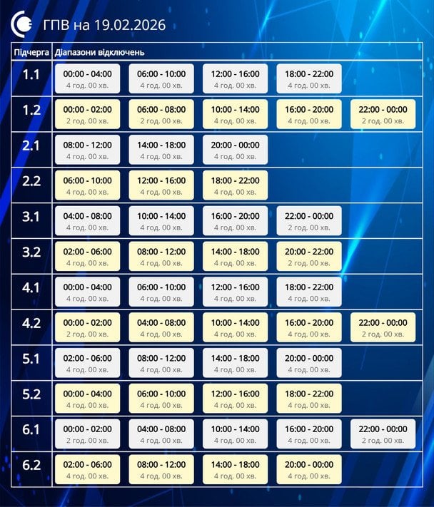 Графік відключення світла на Сумщині 19 лютого
