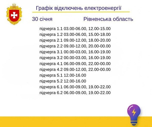 Графік відключення світла на Рівненщині 30 січня