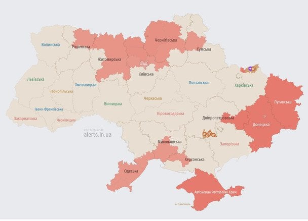 Карта повітряних тривог станом на 22:31