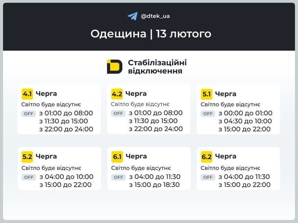 Графік відключення світла на Одещині 13 лютого / © ДТЕК