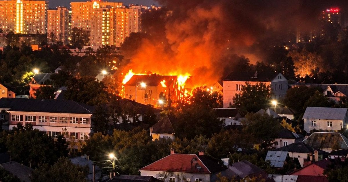Пожар в Воронеже в результате атаки в ночь на 26 октября