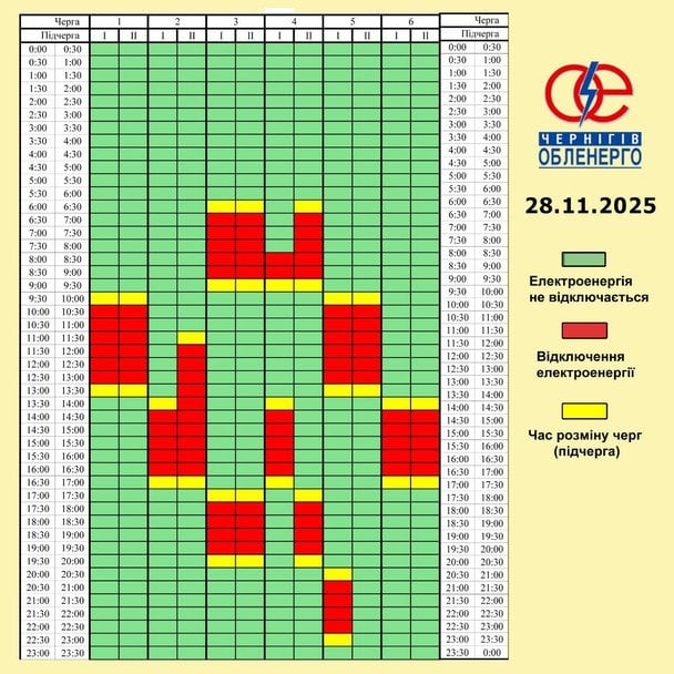 Графік відключення світла на Чернігівщині 28 листопада