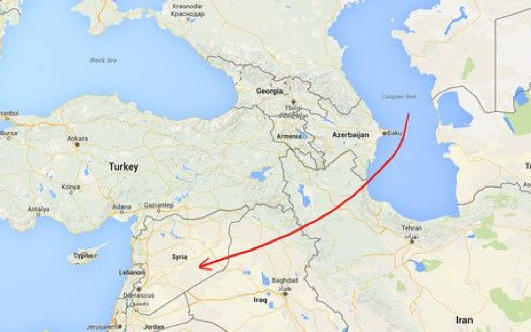 Траектория полета российских ракет в Сирию. / © tnews.ir