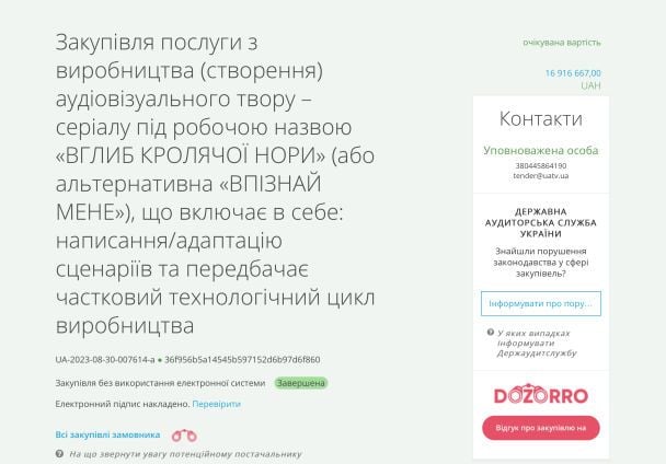 Закупівля послуги з виробництва (створення) аудіовізуального твору – серіалу під робочою назвою “Вглиб кролячої нори” / Скриншот Prozorro / © 