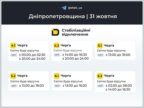 Графік відключення світла 31 жовтня на Дніпропетровщині / © ДТЕК