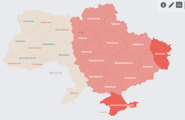 Карта тревог на вечер 2 января / © alerts.in.ua