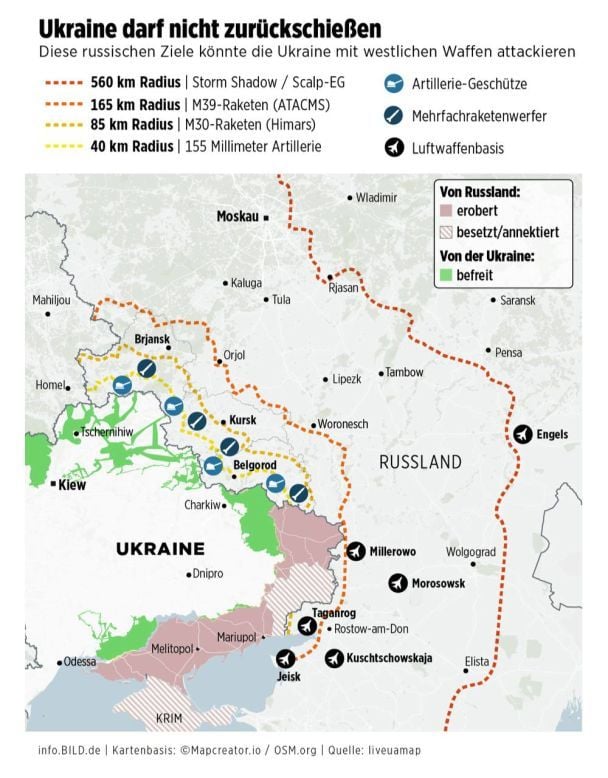 Більшість авіабаз РФ — у межах досяжності західної зброї, яку отримав Київ Карта Bild / © 