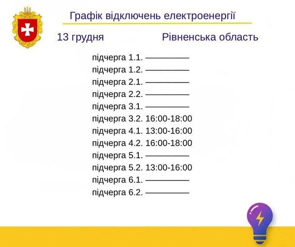 График отключения света на Ровенщине 13 декабря