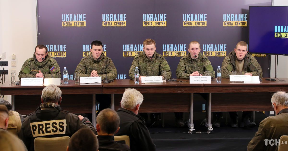Captive Russian conscripts Nikolai Polshchikov, Niyaz Akhunov, Aleksandr Morozov, Anton Savin and Andrey Pozdeev (L to R) are pictured during a briefing at the Ukraine Media Centre, Kyiv