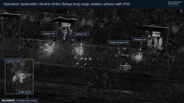 Osint-аналітик Кріс Біггерс оприлюднив перші супутникові знімки, зроблені після атаки СБУ по військових авіабазах Росії 1 червня. 