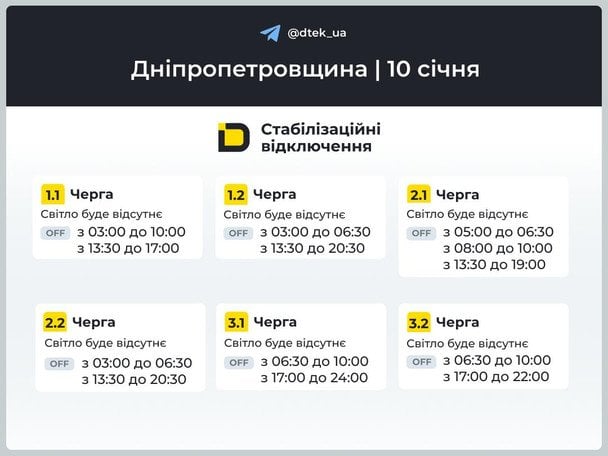 Графік відключення світла на Дніпропетровщині 10 січня / © ДТЕК