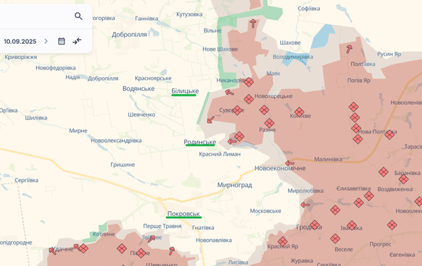 Білицьке, Родинське і Покровськ на карті / © Deepstatemap