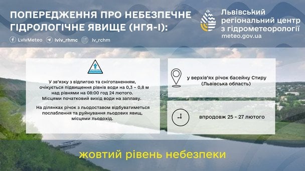 Попередження про небезпечне гідрологічне явище на Львівщині 25 лютого / © Укргідрометцентр
