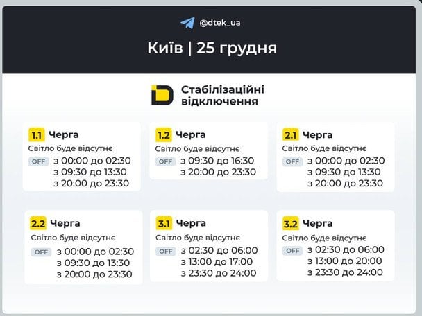 График отключения света в столице 25 декабря / © ДТЕК