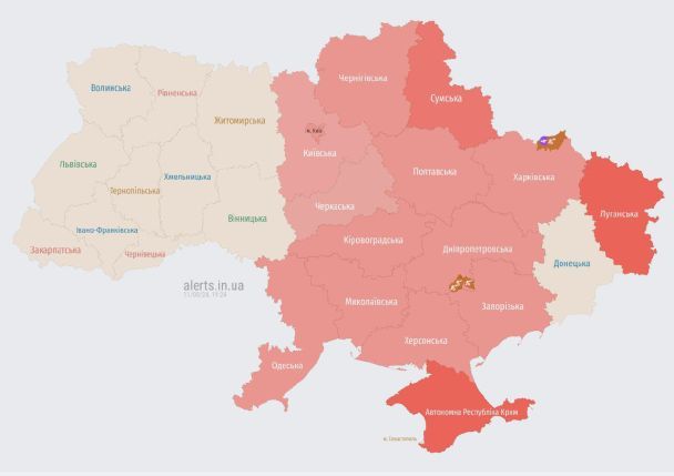 Карта воздушных тревог по состоянию на 19:24