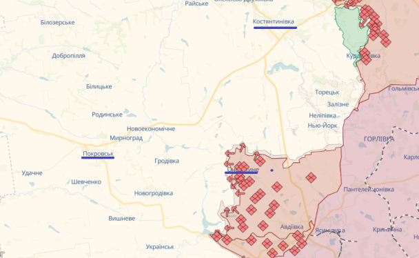 Очеретино, Покровськ і Констянтинівка на карті / © Deepstatemap