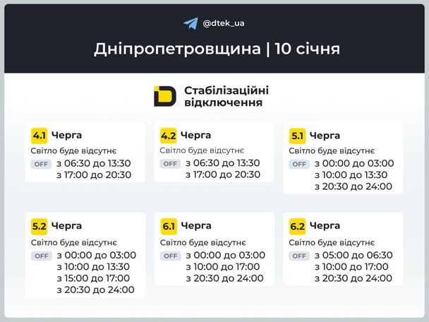 Графік відключення світла на Дніпропетровщині 10 січня / © ДТЕК