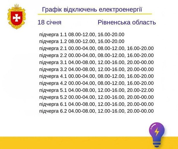 График отключения света на Ровенщине 18 января