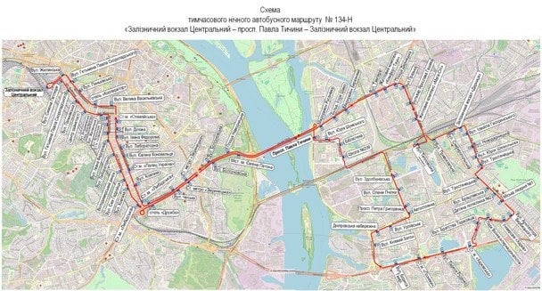 Вокзальна пл. — вул. Симона Петлюри — вул. Жилянська — вул. Антоновича — Либідська пл. — бульв. Миколи Міхновського — міст Патона — просп. Соборності — Дарницька пл. — Харківське шосе — вул. Тепловозна — Дарницьке шосе — вул. Привокзальна — вул. Ялтинська — вул. Тростянецька — Харківське шосе — вул. Архітектора Вербицького — вул. Братства тарасівців — просп. Миколи Бажана — Дніпровська набережна — вул. Анни Ахматової — вул. Петра Григоренка — вул. Петра Радзіня — вул. Юрія Шумського — просп. Павла Тичини — Дніпровська набережна — просп. Соборності — міст Патона — бульв. Миколи Міхновського — вул. Велика Васильківська — вул. Саксаганського — вул. Симона Петлюри — Вокзальна пл. / © kyivcity.gov.ua