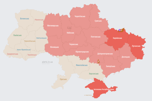 Карта тревог 9 июля по состоянию на 18:05 / © alerts.in.ua
