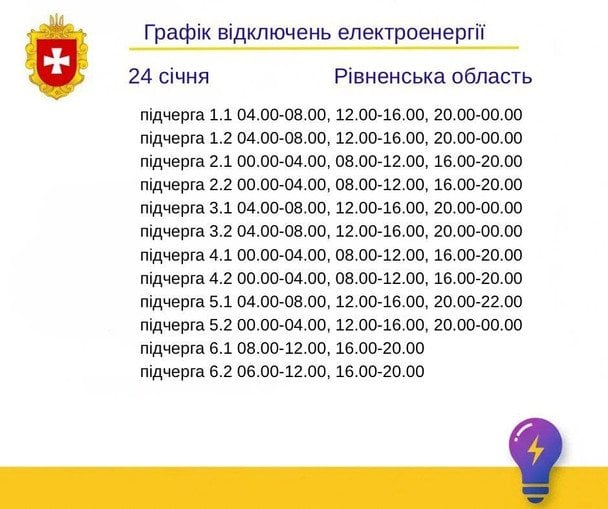 Графік відключення світла на Рівненщині 24 січня