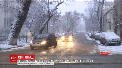 Из-за мощного снегопада власть города ограничила въезд грузового транспорта