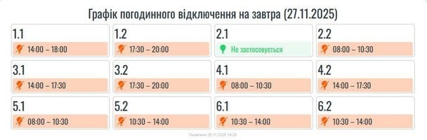 Графік відключення світла на Прикарпатті 27 листопада